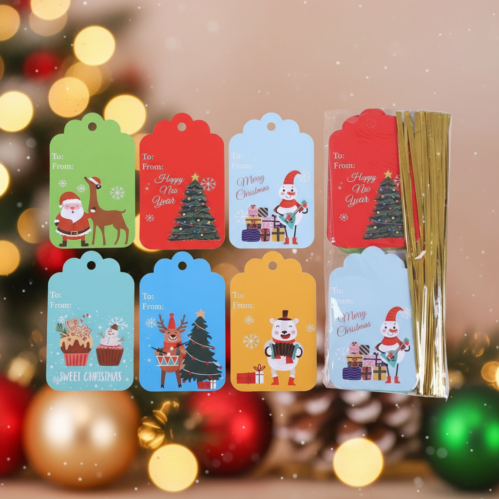 Juletiketterna med fokus på produkterna och julbakgrund